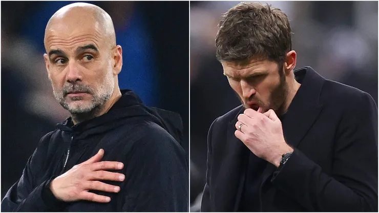 Pep Guardiola, Manager of Manchester City and Michael Carrick, Manager of Manchester United.
