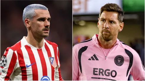 Antoine Griezmann of Atletico de Madrid and Lionel Messi #10 of the Inter Miami.