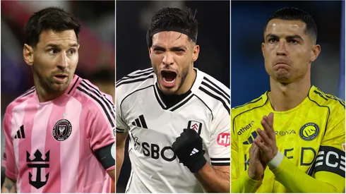 Lionel Messi (left), Raul Jimenez (center), and Cristiano Ronaldo (right)