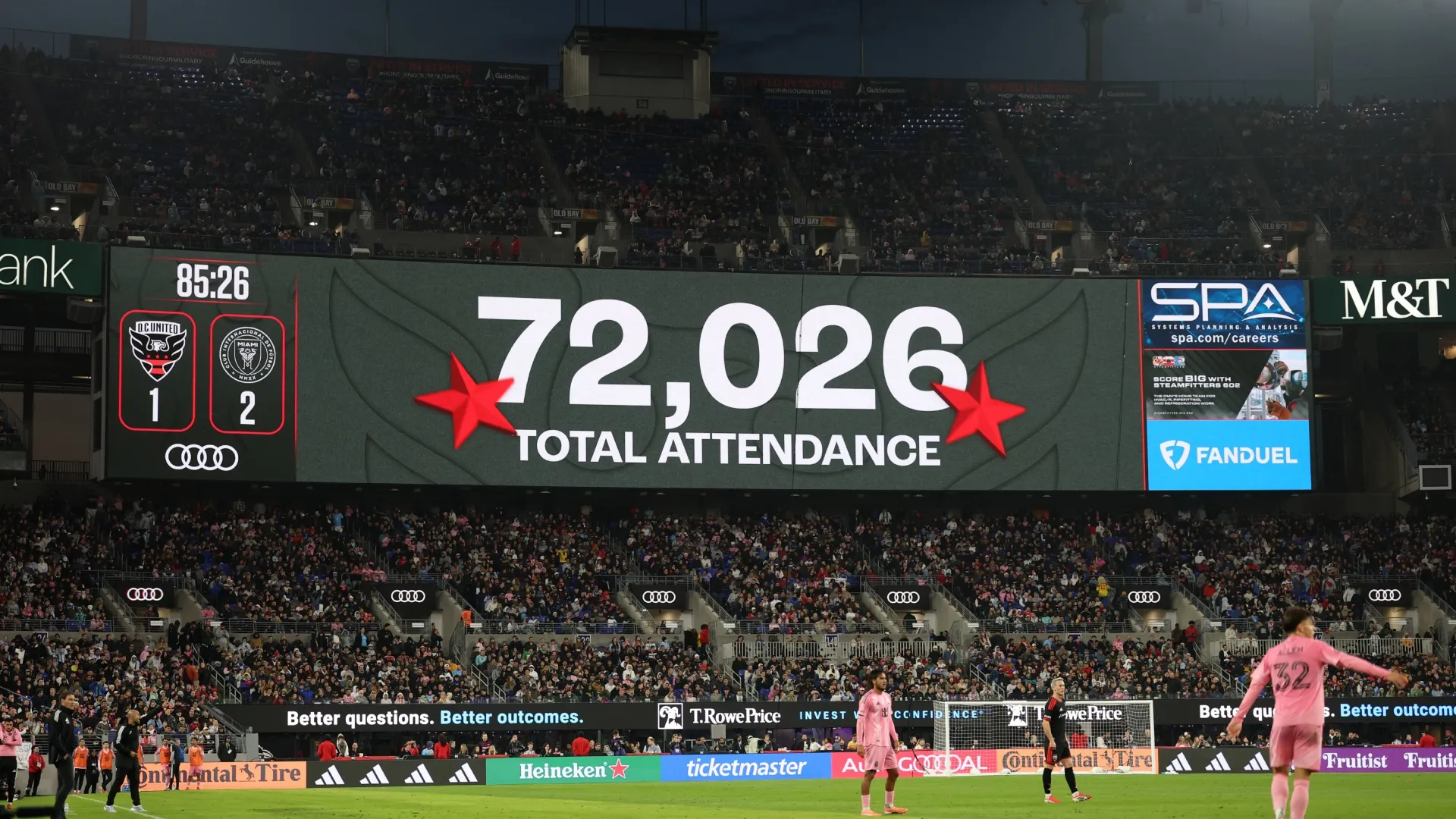The stadium screen shows the match attendance during the MLS match between D.C. United and Inter Miami CF at M&T Bank Stadium.