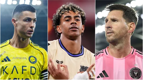 Cristiano Ronaldo (L) of Al Nassr FC, Lamine Yamal (R) of FC Barcelona, and Lionel Messi (R) #10 of Inter Miami CF.