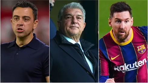 Barcelona's Xavi Hernandez, Joan Laporta and Lionel Messi.