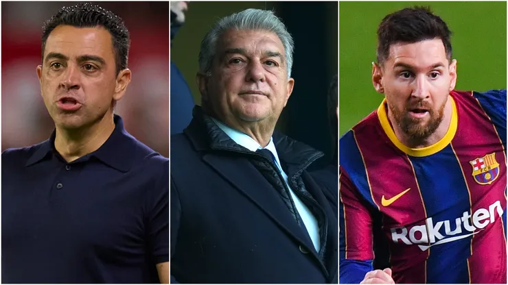 Barcelona's Xavi Hernandez, Joan Laporta and Lionel Messi. 
