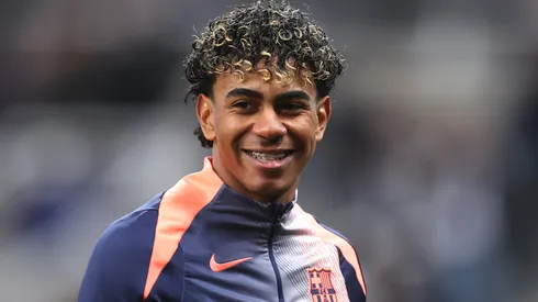 Lamine Yamal of FC Barcelona smiles during warm up.