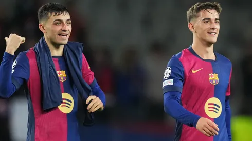 Pedri and Gavi of FC Barcelona smile following the UEFA Champions League.