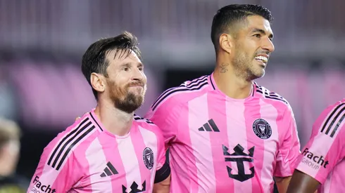 Lionel Messi #10 of Inter Miami CF celebrates with Luis Suárez #9.