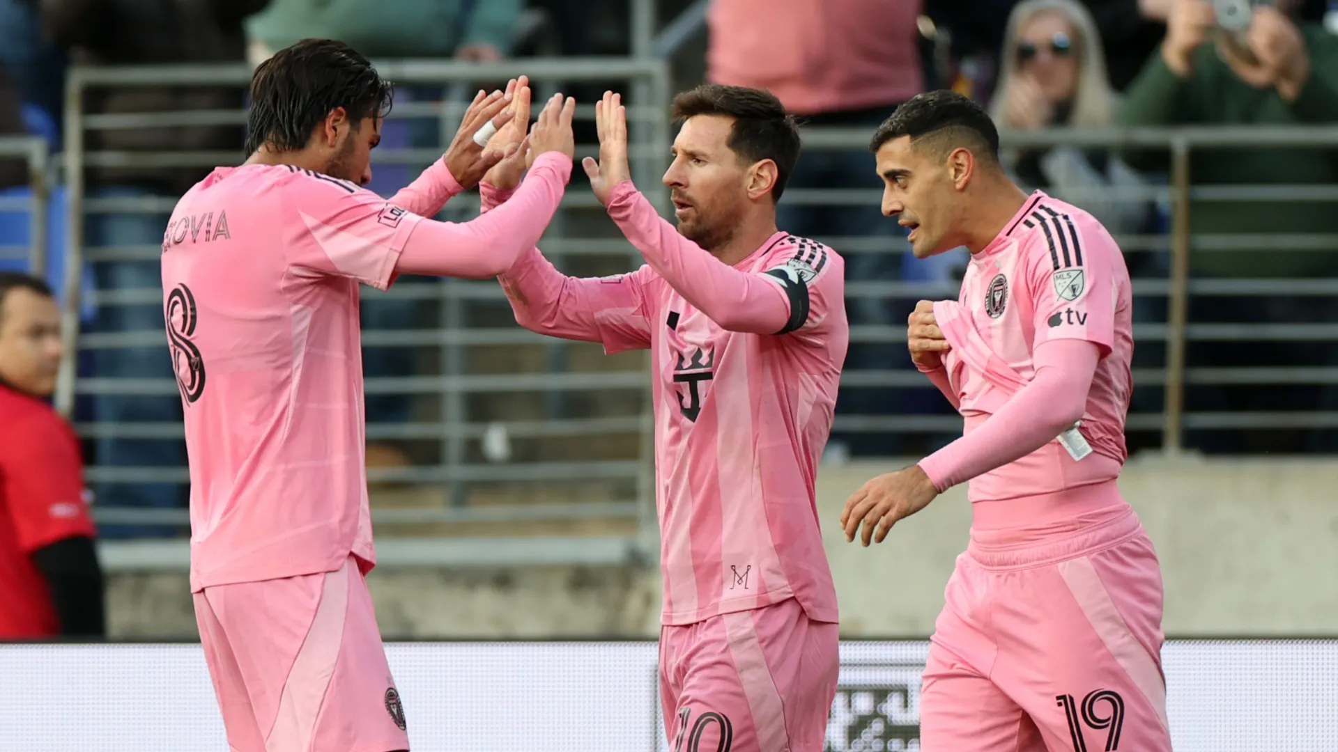 Lionel Messi #10 of Inter Miami CF celebrates scoring against D.C. United.