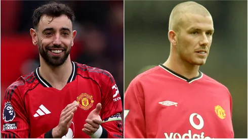 Bruno Fernandes of Manchester United and David Beckham in 2000.