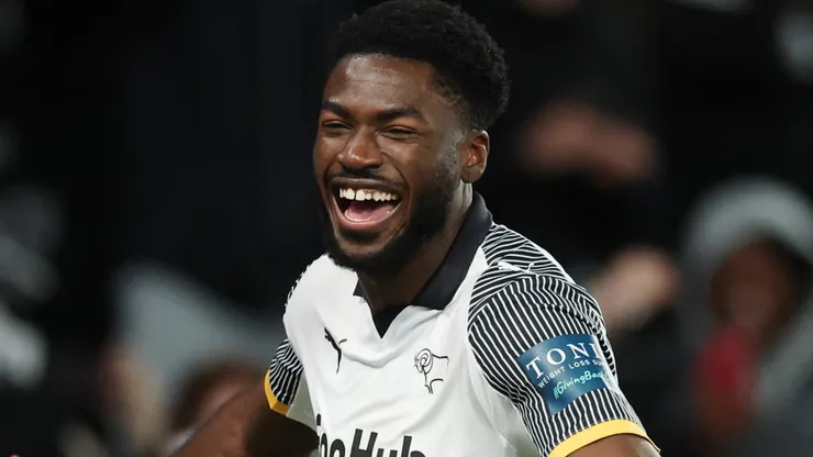 Patrick Agyemang of Derby County celebrates scoring a goal in the Sky Bet Championship.