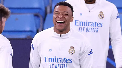 Kylian Mbappe of Real Madrid reacts during a training session ahead of the UEFA Champions League.