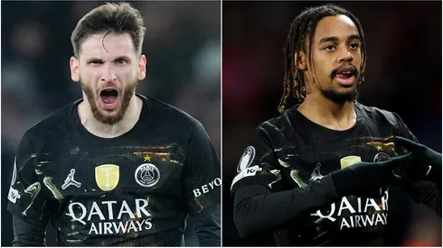 PSG star Khvicha Kvaratskhelia and Bradley Barcola celebrating a goal.