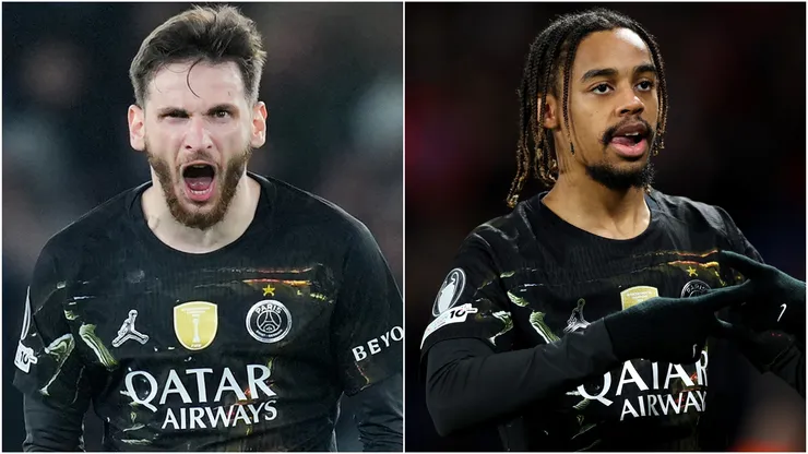 PSG star Khvicha Kvaratskhelia and Bradley Barcola celebrating a goal. 
