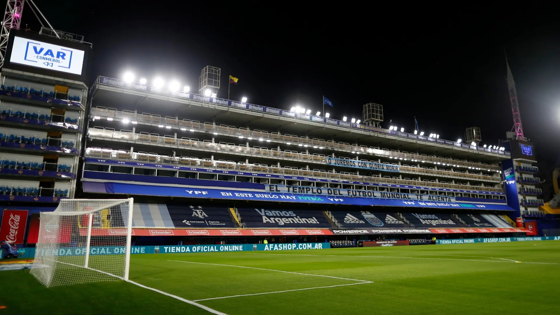 General view of an empty La Bombonera before a match between Argentina and Ecuador.