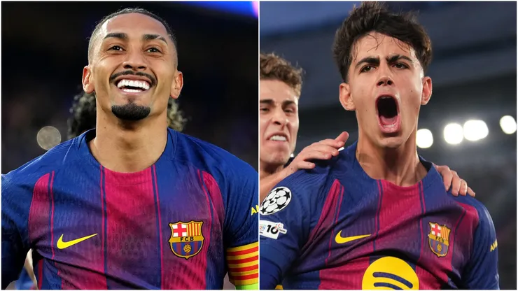 Barcelona stars Raphinha and Marc Bernal celebrating a goal vs. Newcastle.
