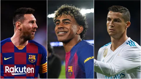 Lionel Messi (L) and Lamine Yamal (M) of FC Barcelona, and Cristiano Ronaldo (R) of Real Madrid.