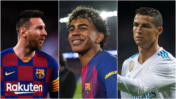 Lionel Messi (L) and Lamine Yamal (M) of FC Barcelona, and Cristiano Ronaldo (R) of Real Madrid.
