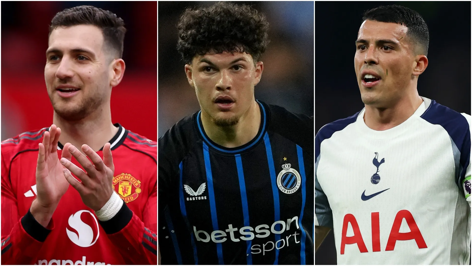 Manchester United's Diogo Dalot, Club Brugge's Kyriani Sabbe and Spurs Pedro Porro