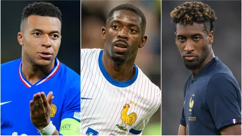 Kylian Mbappe (left), Ousmane Dembele (center), and Kingsley Coman (right)