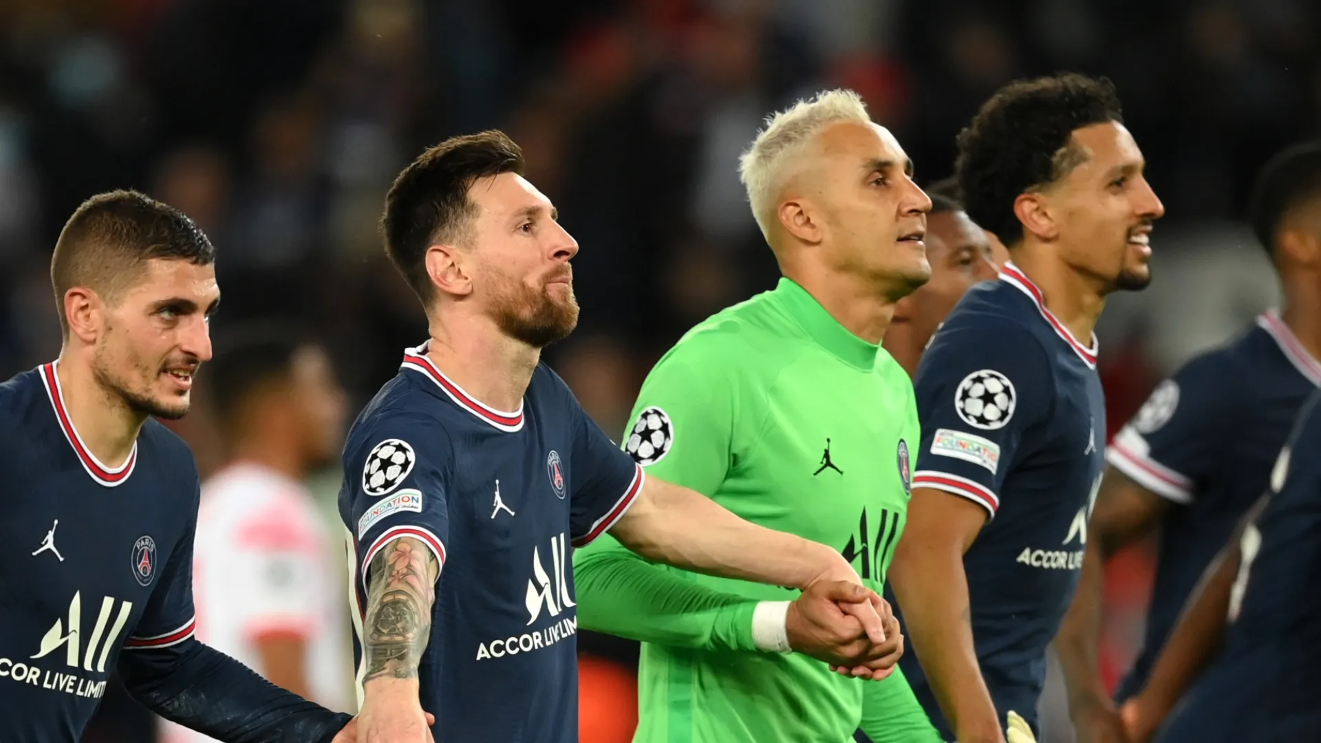 Lionel Messi and Keylor Navas of Paris Saint-Germain.