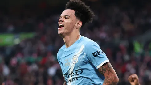 Nico O'Reilly of Manchester City celebrates scoring his team's first goal during the Carabao Cup Final.