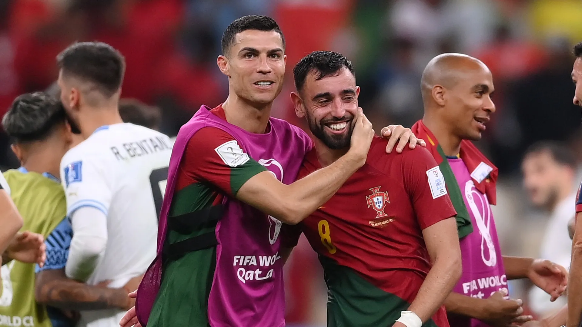 Cristiano Ronaldo and Bruno Fernandes of Portugal celebrating.