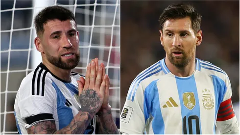 Nicolas Otamendi and Lionel Messi of Argentina.