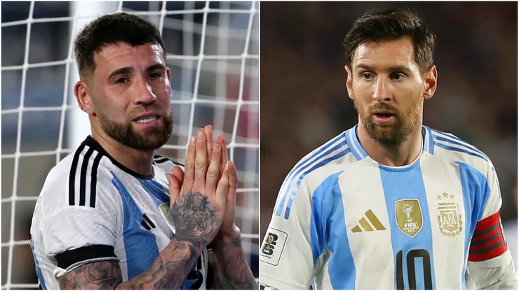 Nicolas Otamendi and Lionel Messi of Argentina.