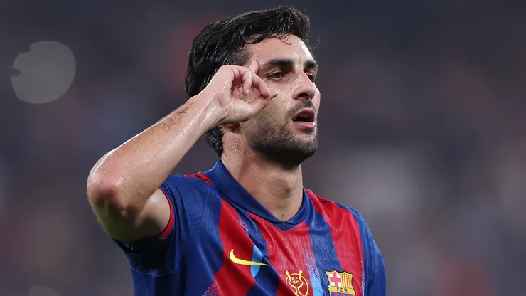 Ferran Torres of FC Barcelona celebrates scoring a goal.
