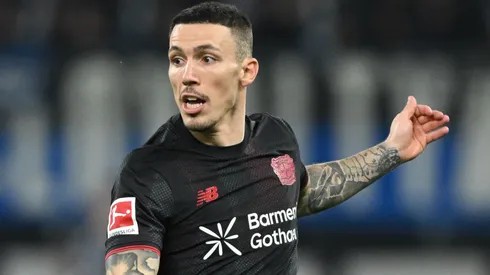 Alejandro Grimaldo of Bayer Leverkusen in action during the Bundesliga match.