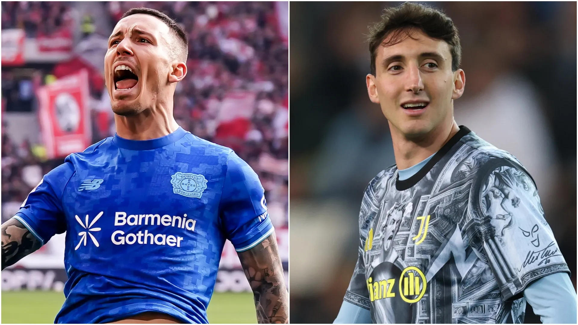 Alejandro Grimaldo of Bayer 04 Leverkusen and Andrea Cambiaso of Juventus.