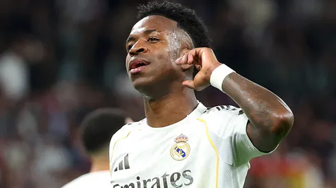 Vinicius Junior of Real Madrid celebrates scoring his team's third goal during the LaLiga EA Sports match.