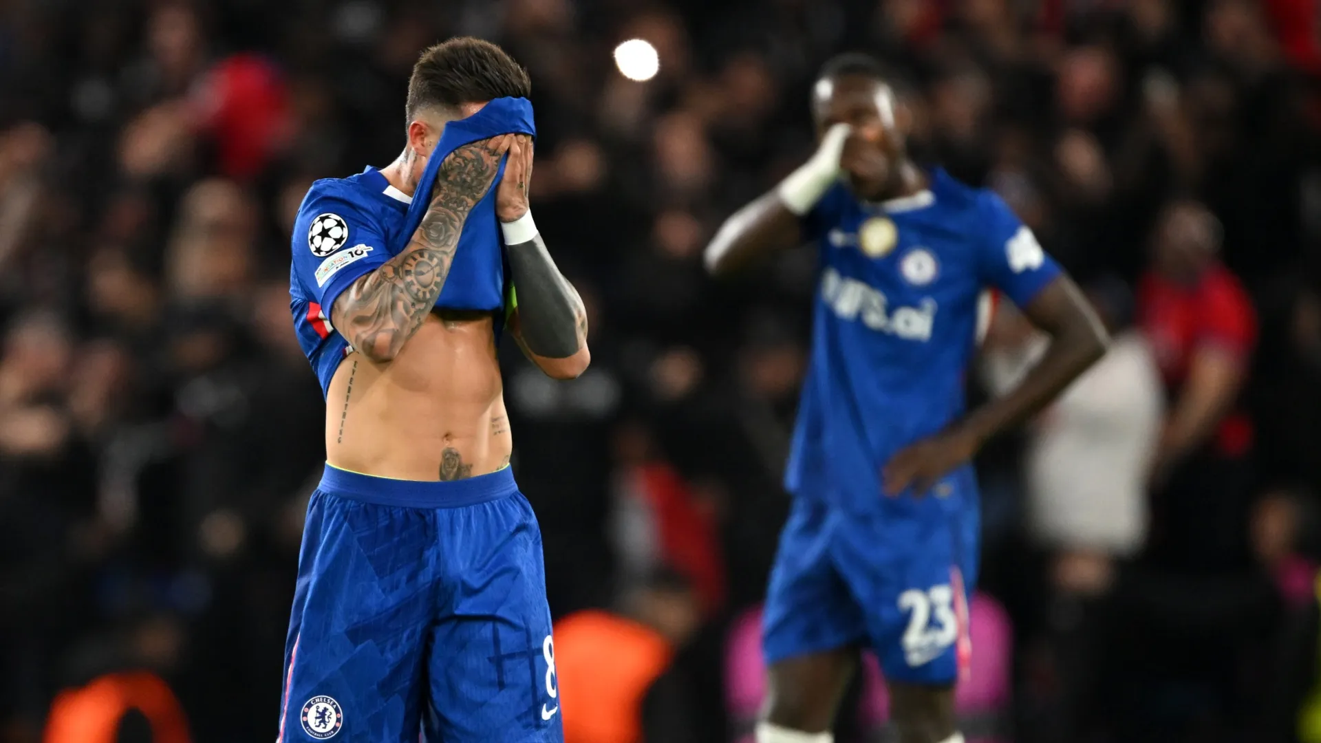 Enzo Fernandez of Chelsea looks dejected after Bradley Barcola scores for Paris Saint-Germain.