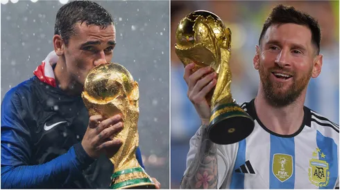 Antoine Griezmann and Lionel Messi hold the World Cup trophy.