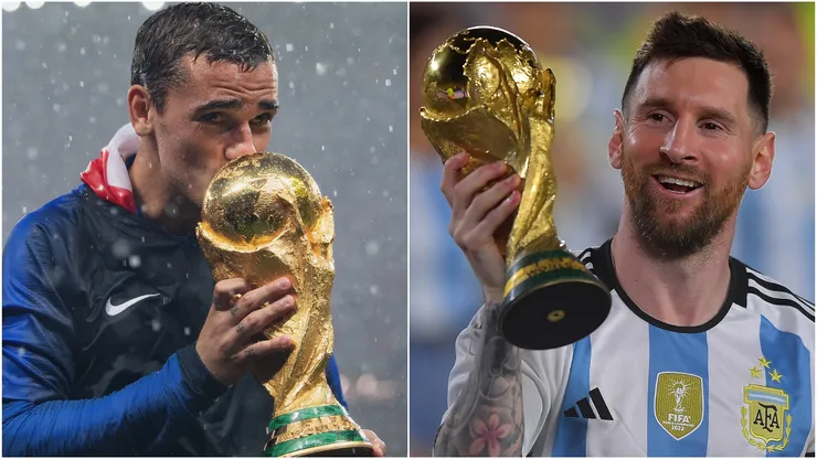 Antoine Griezmann and Lionel Messi hold the World Cup trophy.
