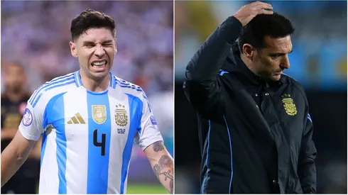 Argentina full-back Gonzalo Montiel and head coach Lionel Scaloni.