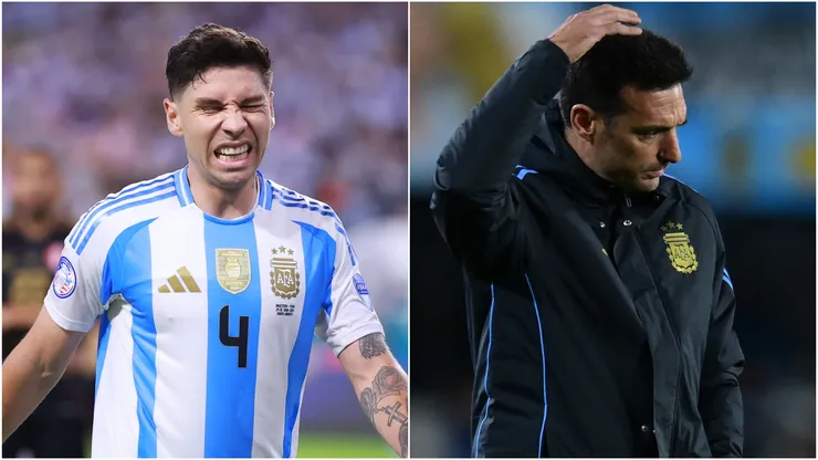Argentina full-back Gonzalo Montiel and head coach Lionel Scaloni.
