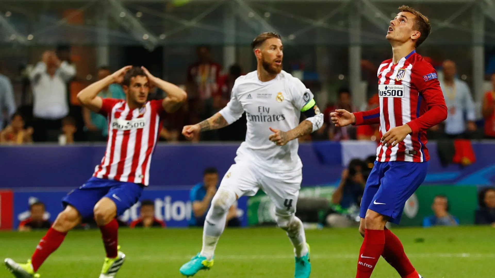 Antoine Griezmann of Atletico Madrid reacts after missing a penalty during the UEFA Champions League Final against Real Madrid.