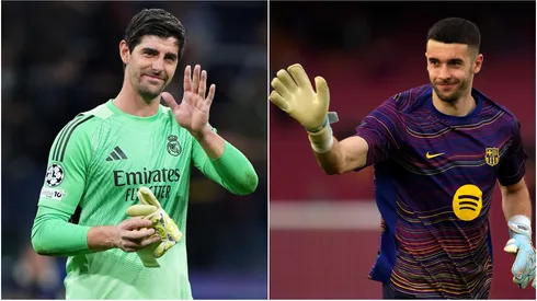 Real Madrid's Thibaut Courtois and Barcelona's Joan Garcia.