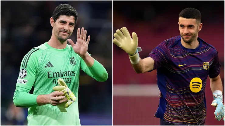 Real Madrid's Thibaut Courtois and Barcelona's Joan Garcia.
