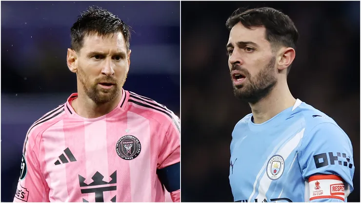 Lionel Messi #10 of Inter Miami CF and Bernardo Silva of Manchester City.
