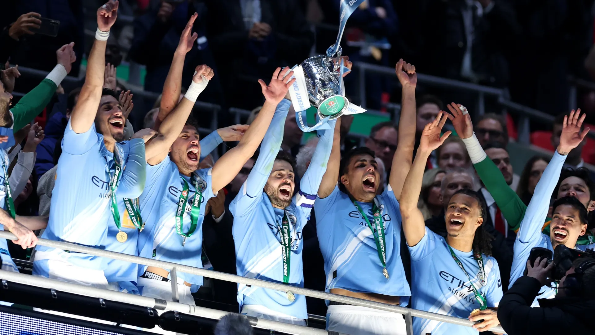 Bernardo Silva of Manchester City lifts the Carabao Cup trophy.