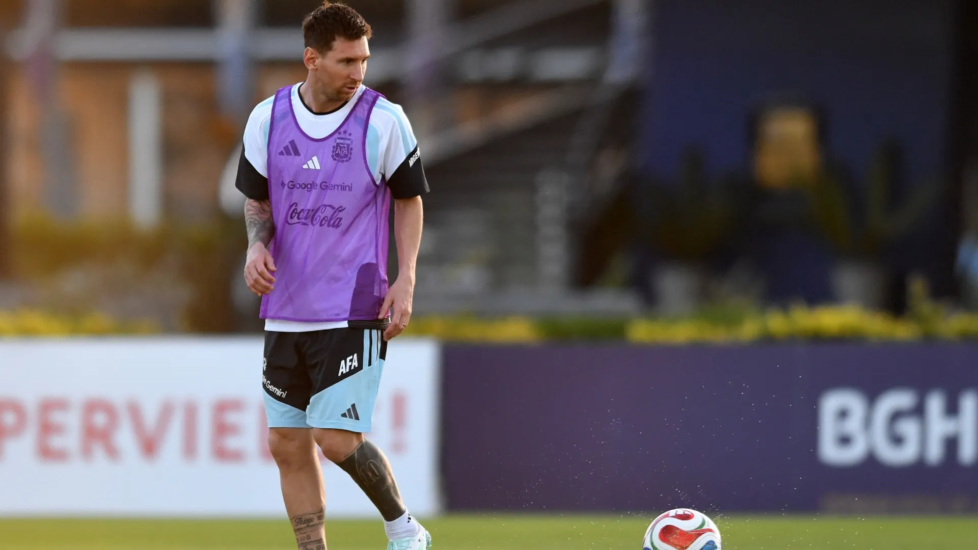 Lionel Messi of Argentina controls the ball during a training session.