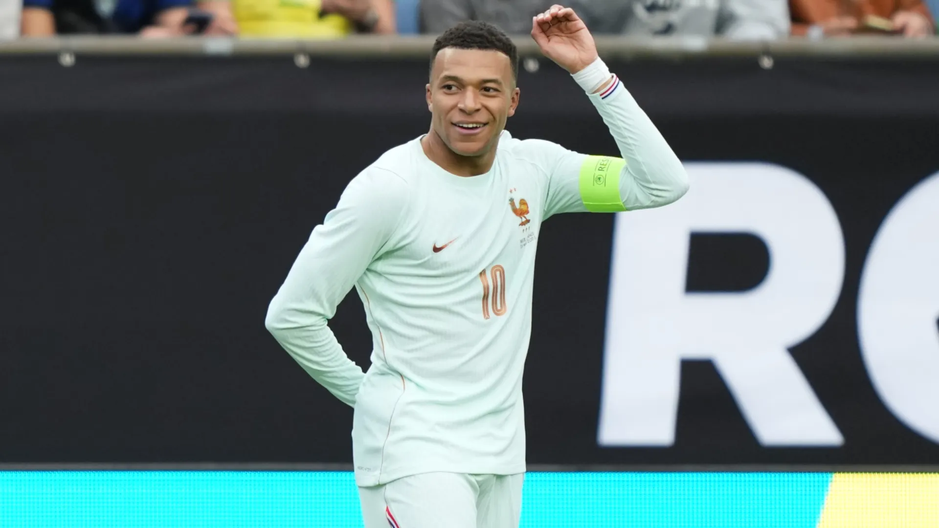 Kylian Mbappe of France celebrates after scoring against Brazil.