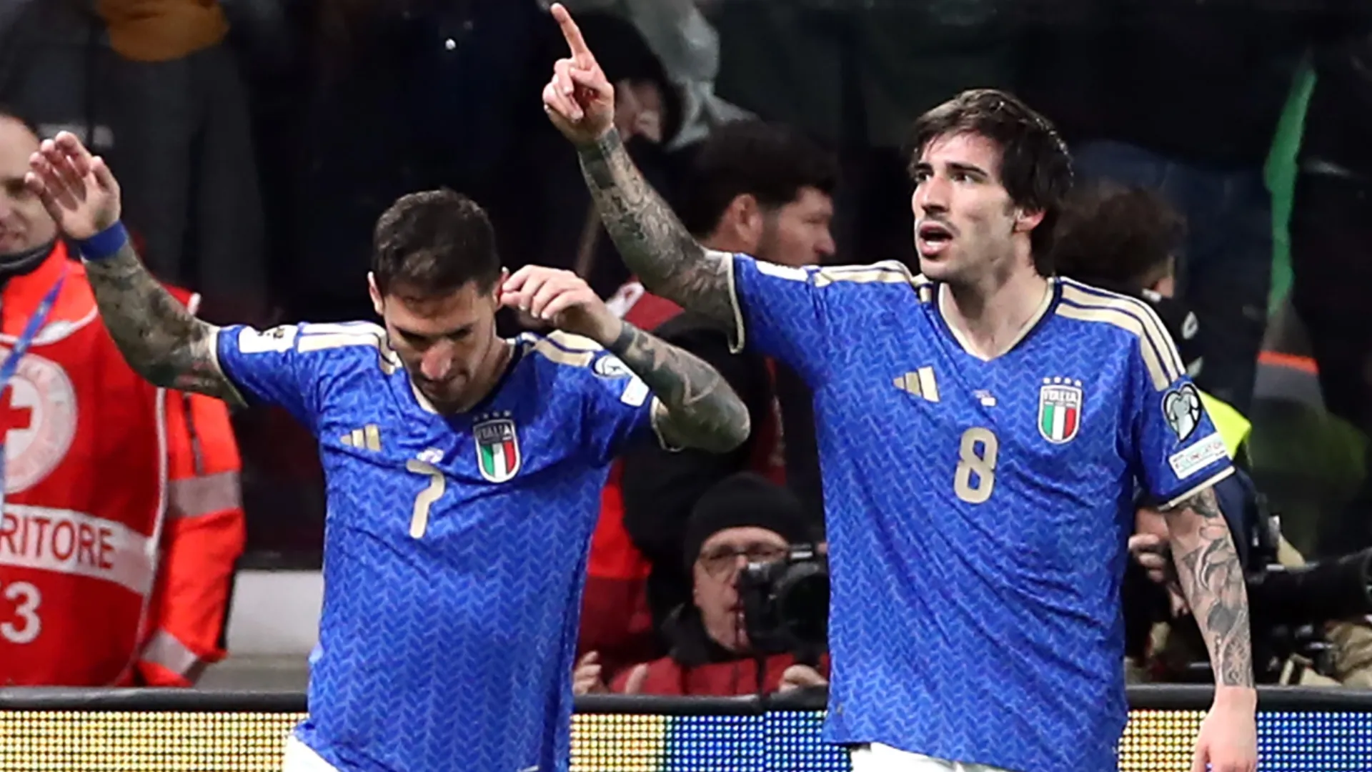 Sandro Tonali of Italy celebrates scoring his team's first goal during the FIFA World Cup 2026 European Qualifiers.