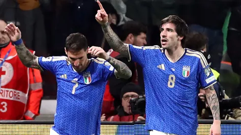 Sandro Tonali of Italy celebrates scoring his team's first goal during the FIFA World Cup 2026 European Qualifiers.