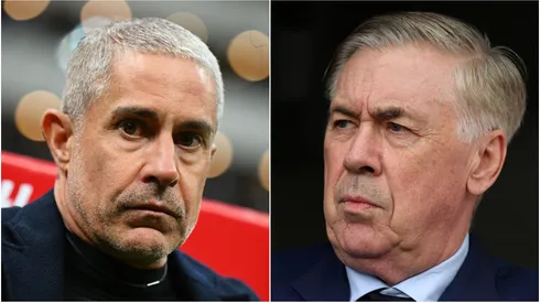 Albania coach Sylvinho and Brazil manager Carlo Ancelotti.