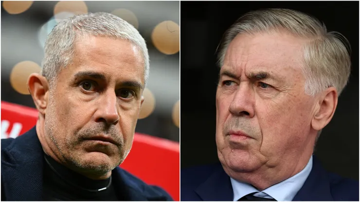 Albania coach Sylvinho and Brazil manager Carlo Ancelotti.
