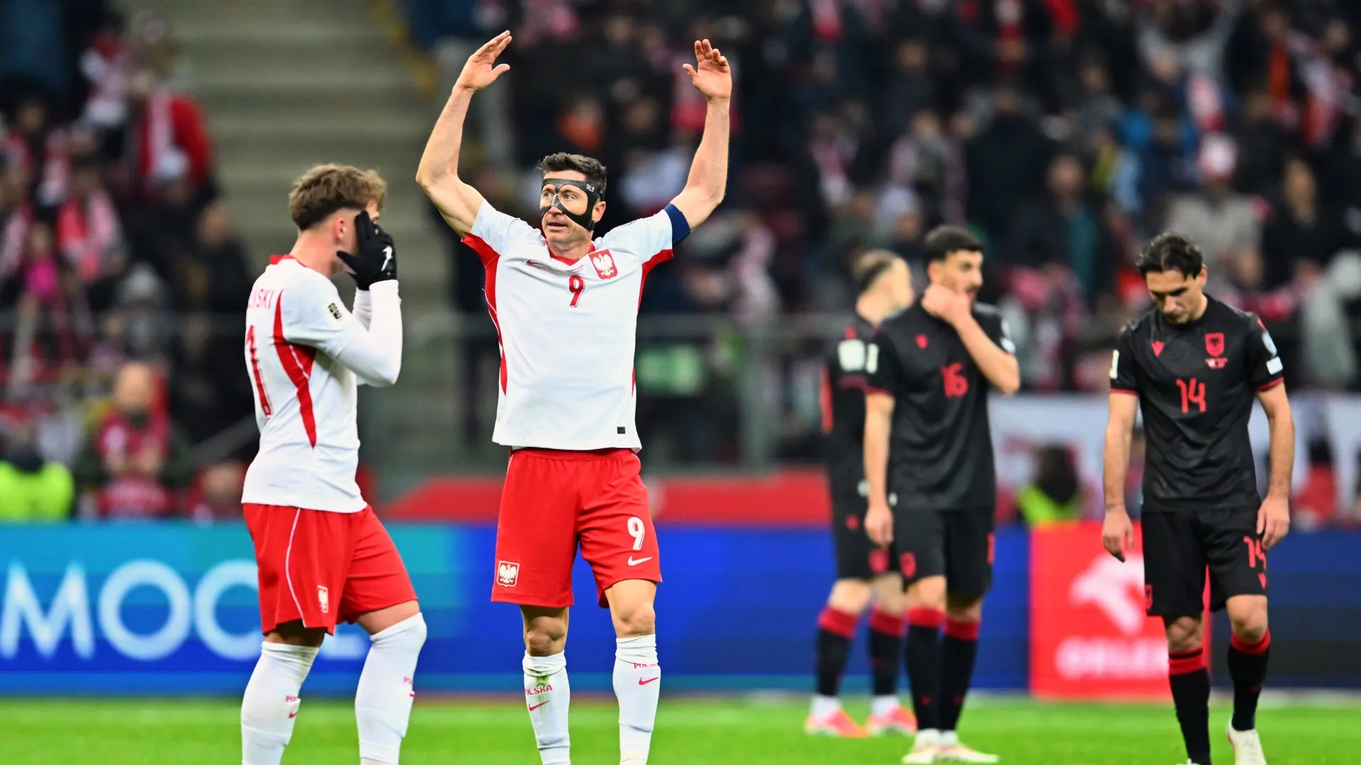 Robert Lewandowski of Poland celebrates scoring a goal during the World Cup European Qualifiers play-offs match vs Albania.
