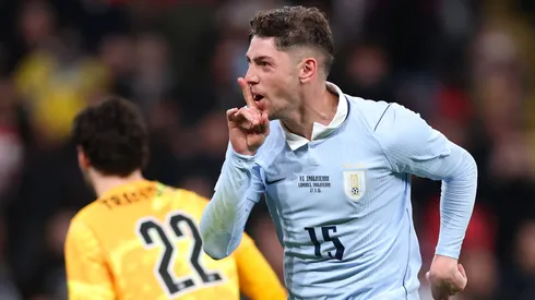 Federico Valverde of Uruguay celebrates scoring his team's goal from the penalty spot.