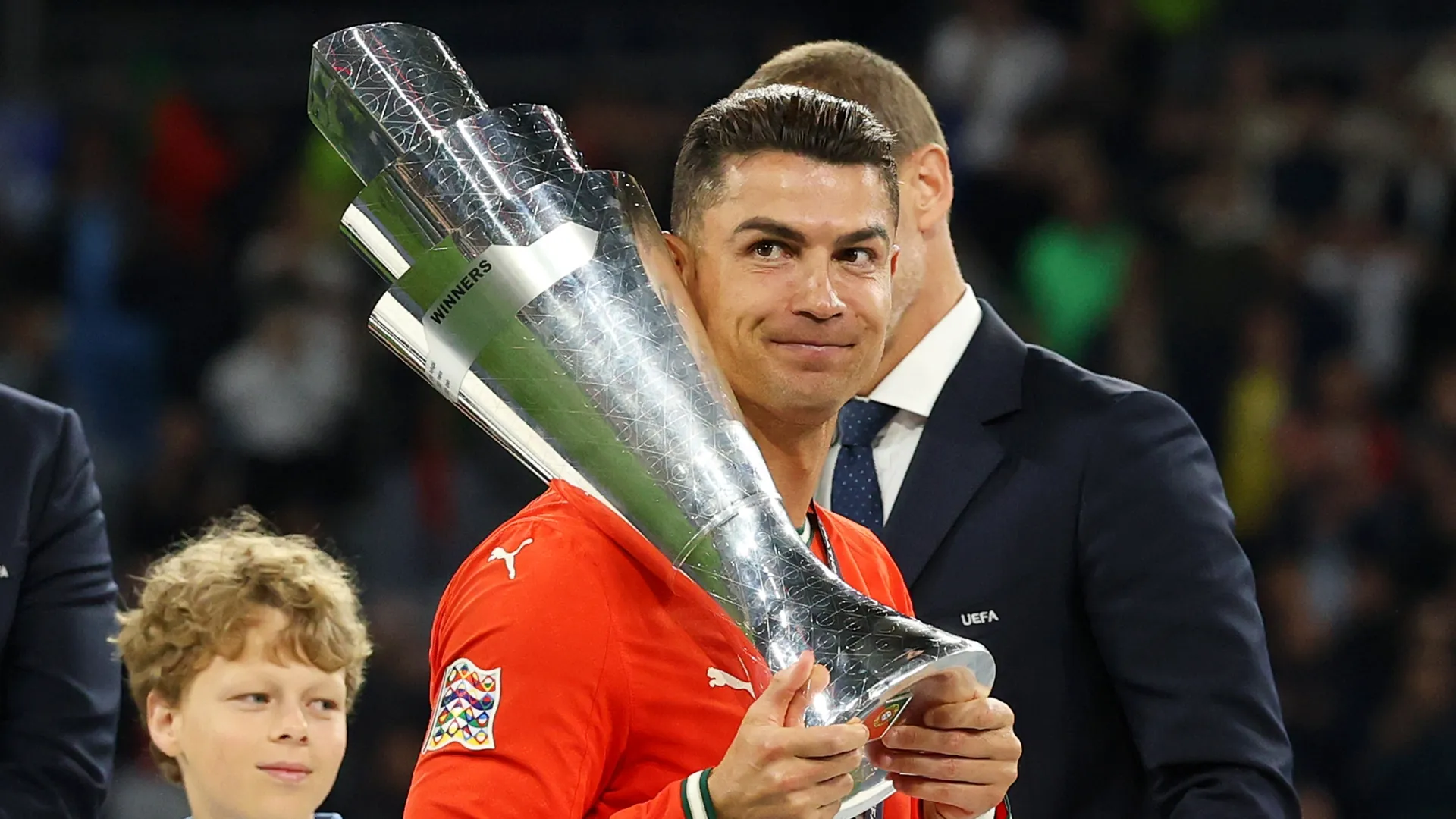 Cristiano Ronaldo of Portugal lifts the UEFA Nations League trophy.